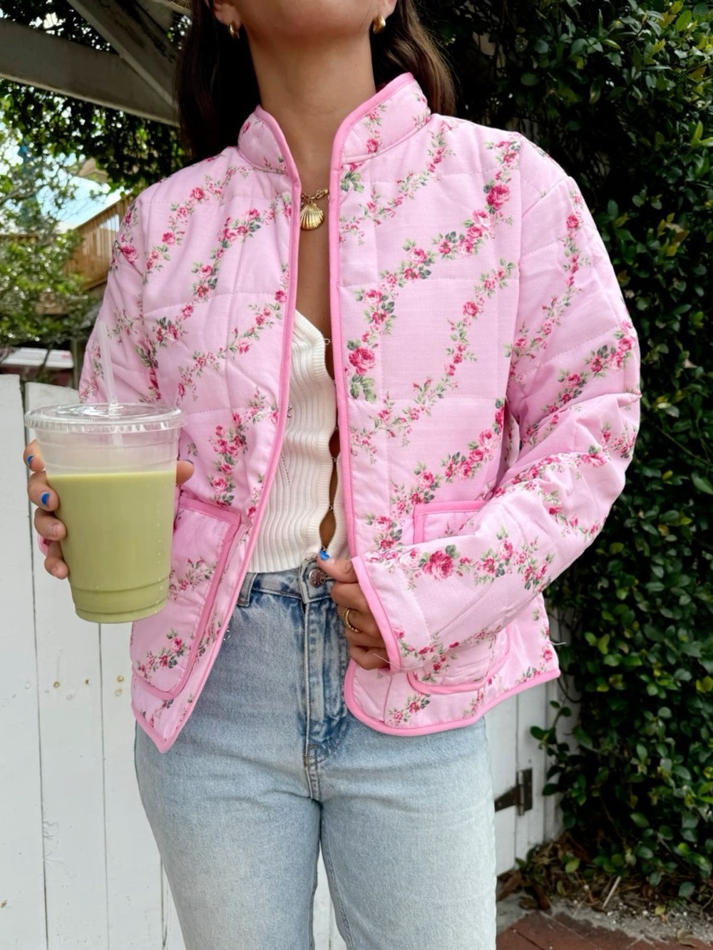 Pink Floral Quilted Jacket - Women's Lightweight Coat NWOT sz Large